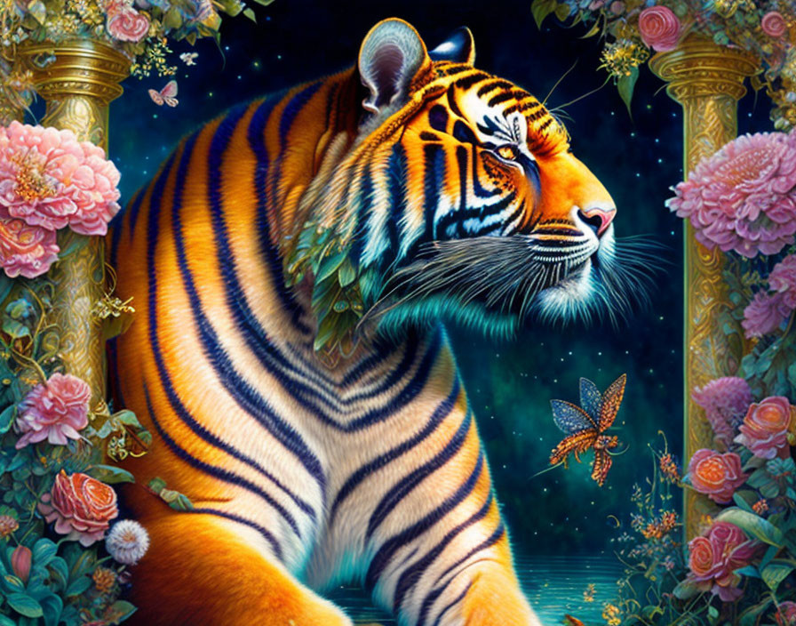 Majestic tiger with lush flowers and butterflies in classical setting