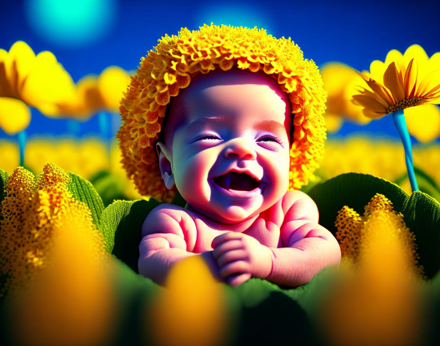 Joyful Baby Laughing in Sunflower Field Under Blue Sky