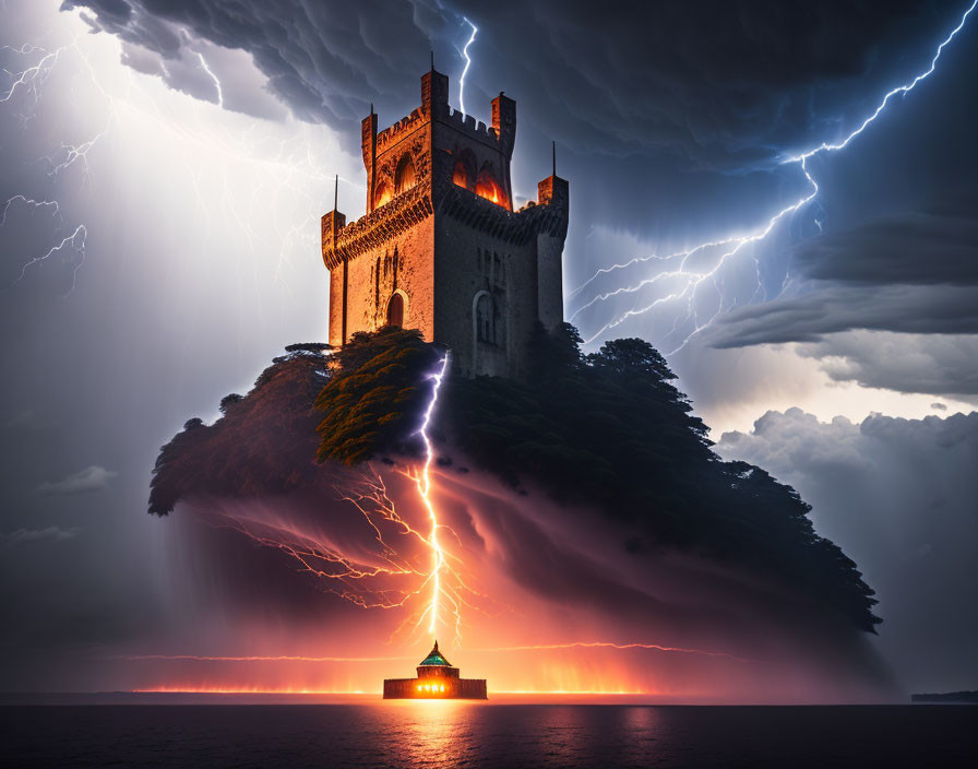 Majestic castle on cliff with lightning in stormy sky and glowing structure below