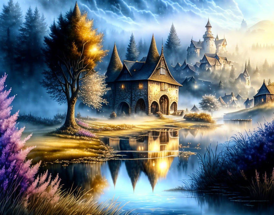 Fantastical landscape with illuminated castle, cottage, lake, trees, and misty twilight.