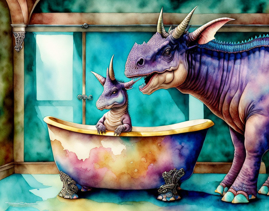 Cartoon triceratops in vintage claw-foot tub illustration