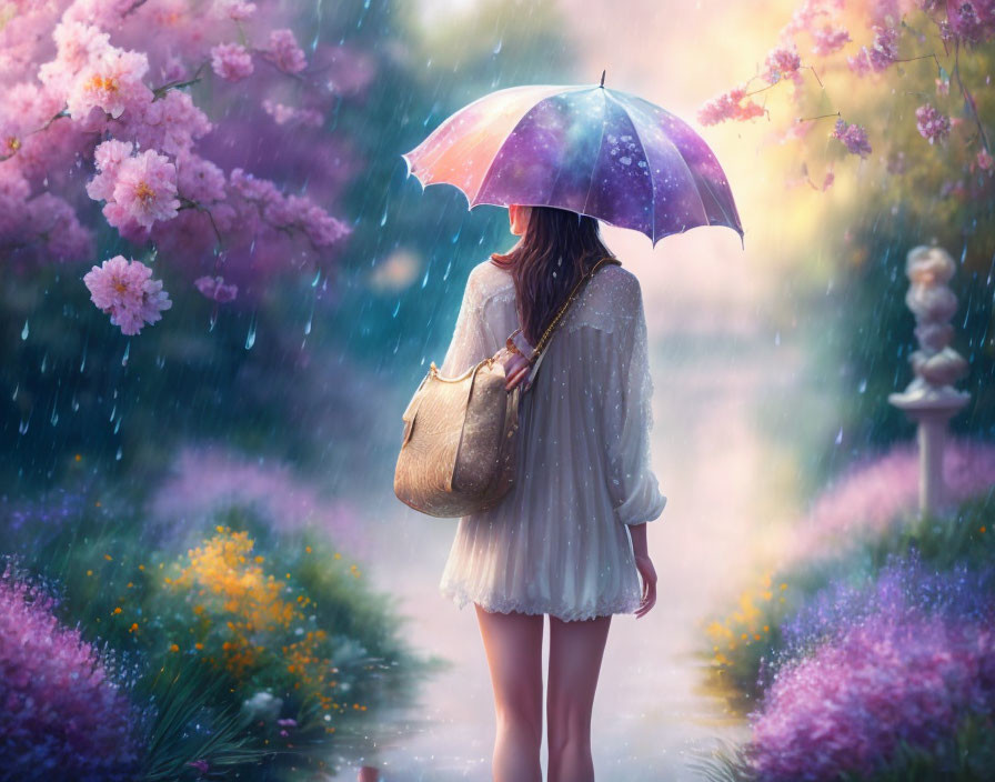 Colorful umbrella woman in rain with blooming flowers and sun rays