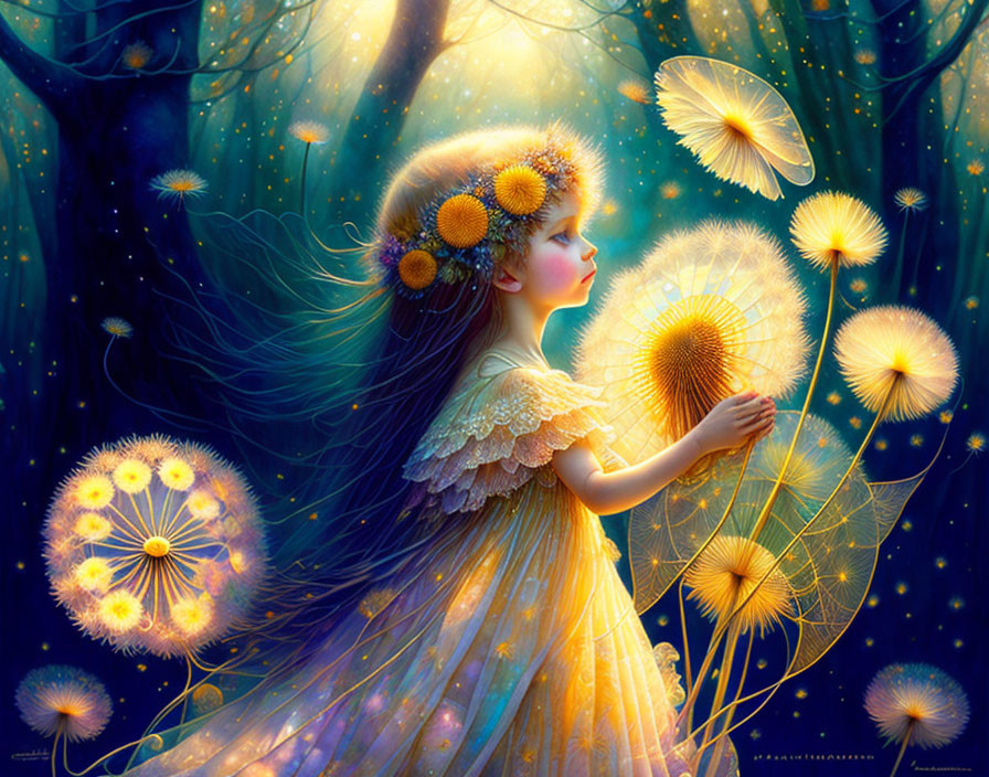 Illustration of girl in glowing forest with oversized dandelions