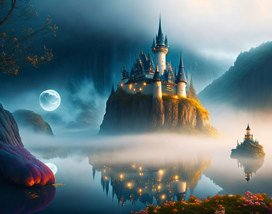 Mystical castle on misty hill with waterfalls and full moon