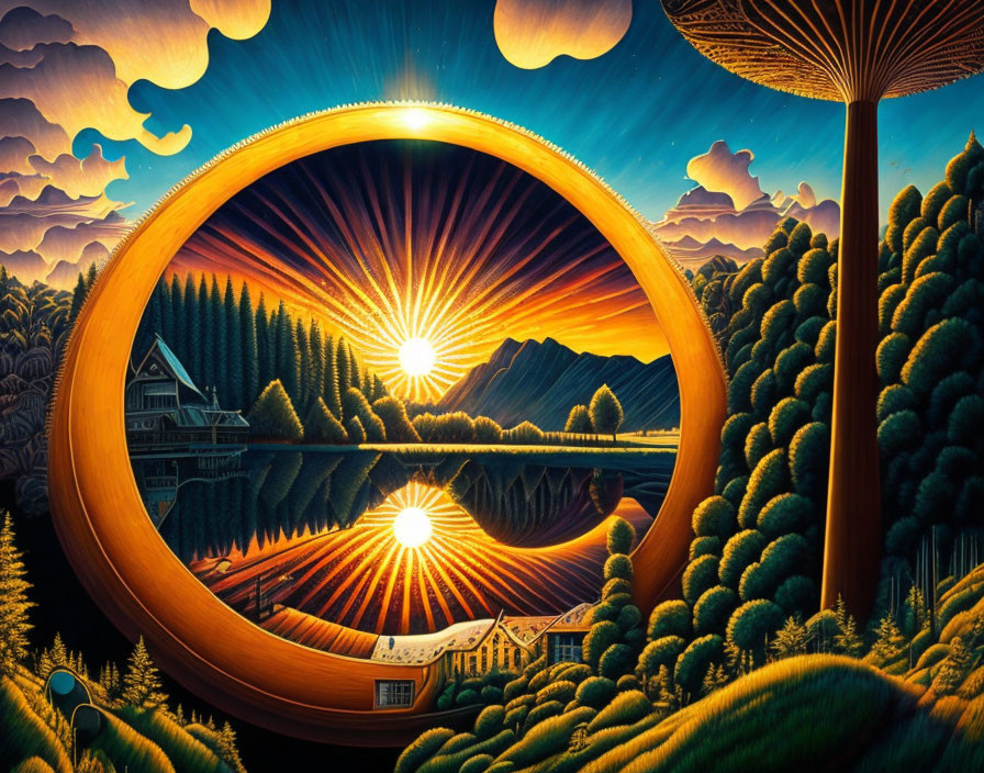 Circular sunrise in surreal landscape with giant trees and reflective waterways