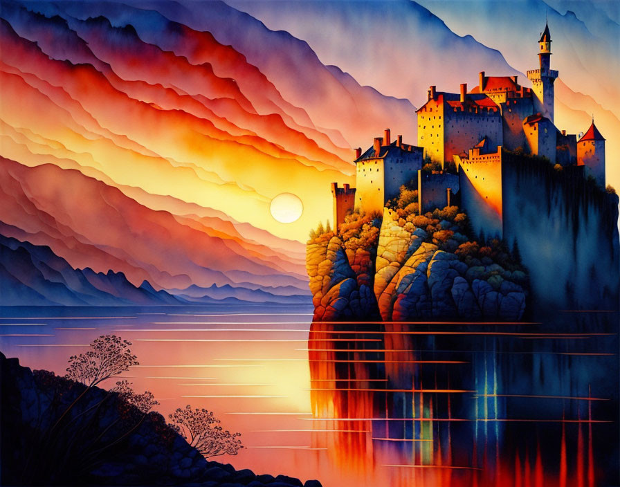 Castle on Cliff at Sunset with Orange Clouds and Silhouetted Trees