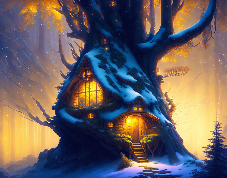 Enchanting glowing treehouse in snowy forest