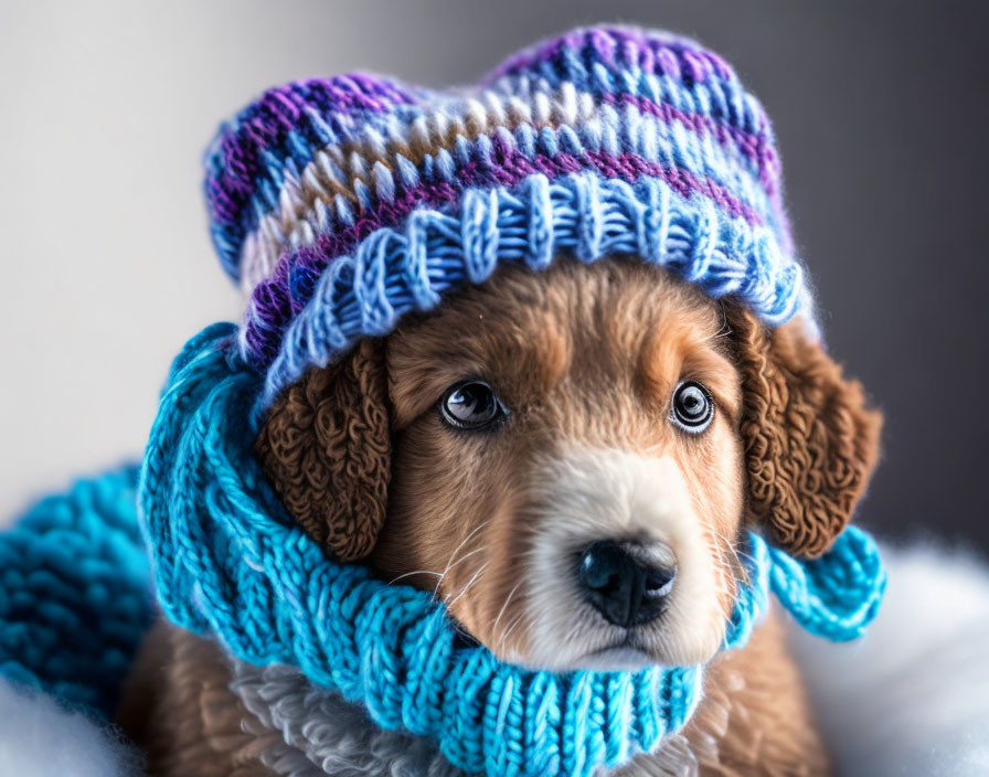 Brown Fur Puppy in Blue and Purple Striped Knit Hat and Scarf