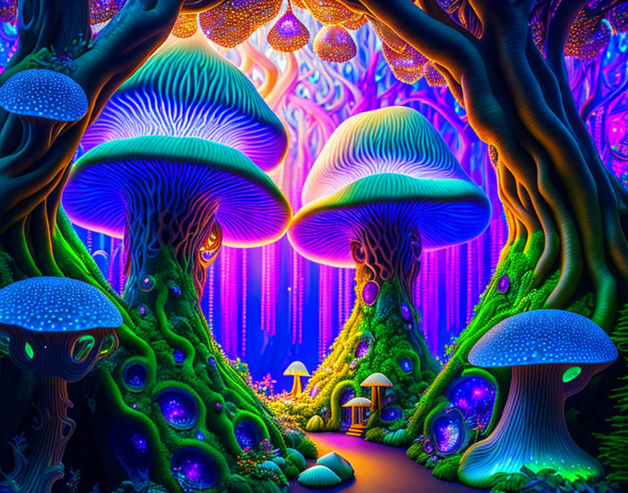 Vibrant digital art: Oversized mushrooms, glowing orbs, neon foliage