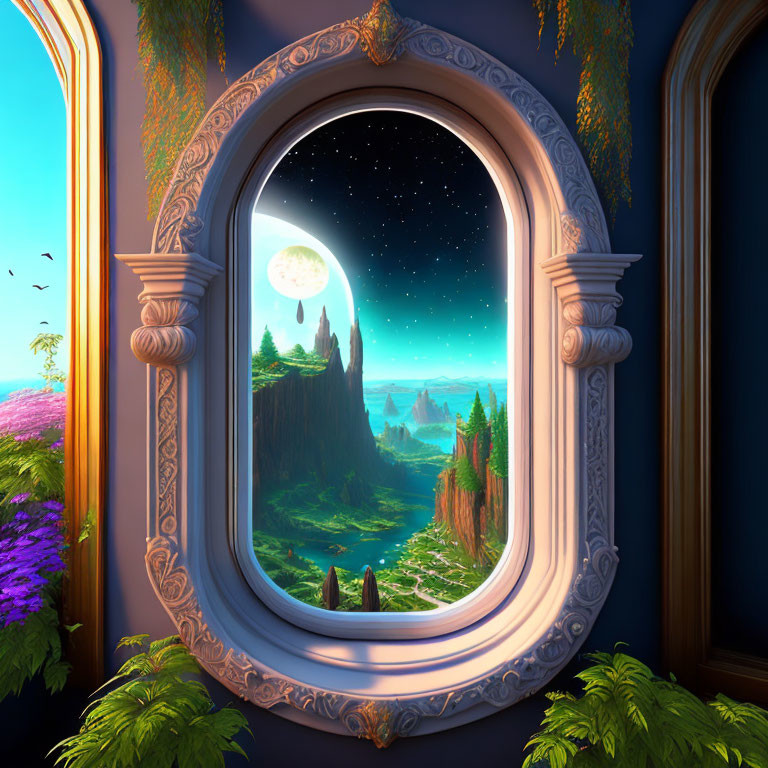 Ornate window framing magical moonlit landscape