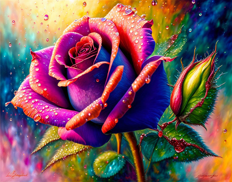 Colorful Artwork: Purple Rose with Water Droplets on Petals