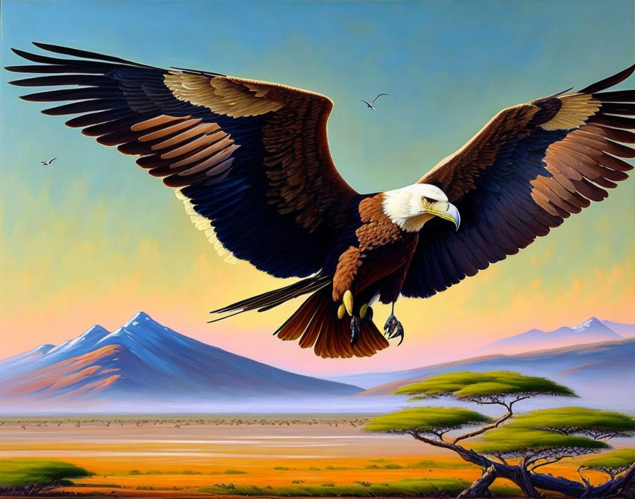 Majestic eagle flying over savanna with mountains and lone tree