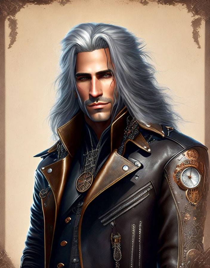 Detailed steampunk man illustration with long silver hair and leather jacket