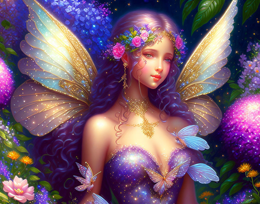 Luminescent fairy with blue dress in magical garden surrounded by flowers