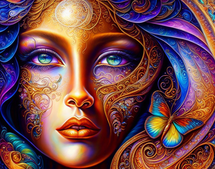 Colorful portrait of a woman with butterfly, intricate patterns, blues, and golden hues