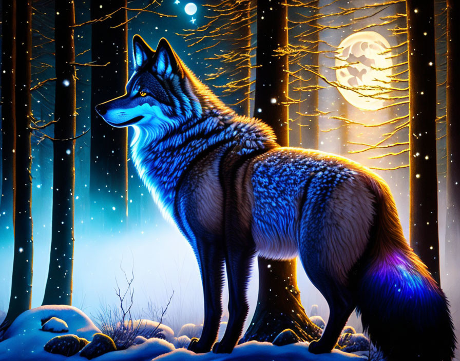 Majestic wolf in snowy forest under moonlight