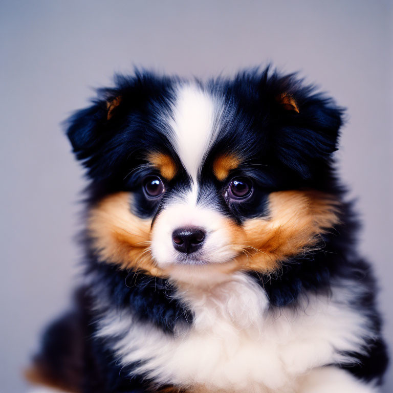 Tricolor fluffy puppy with black, white, and tan fur on blurred background