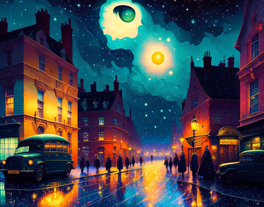 Colorful nighttime cityscape with vintage cars and pedestrians under a starry sky.