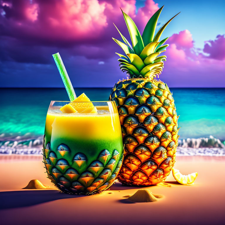 Colorful tropical beach scene with layered cocktail and pineapple under pink sky