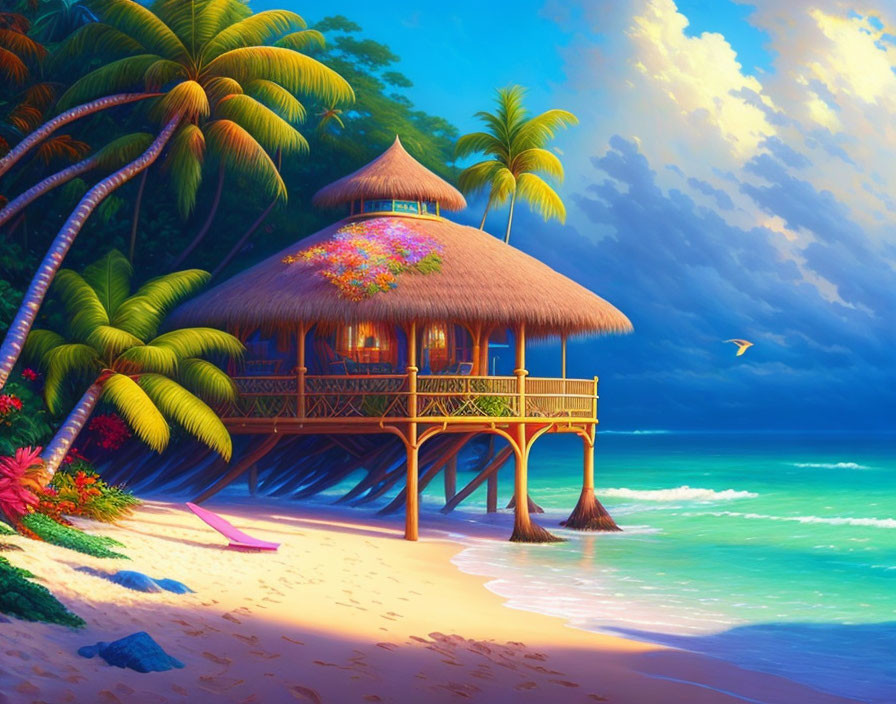 Tropical beach sunset with wooden hut, palm trees, flowers, and ocean