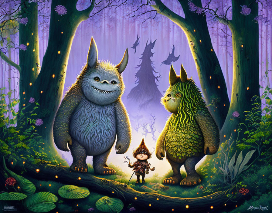 Colorful forest scene with friendly monsters and child in whimsical illustration