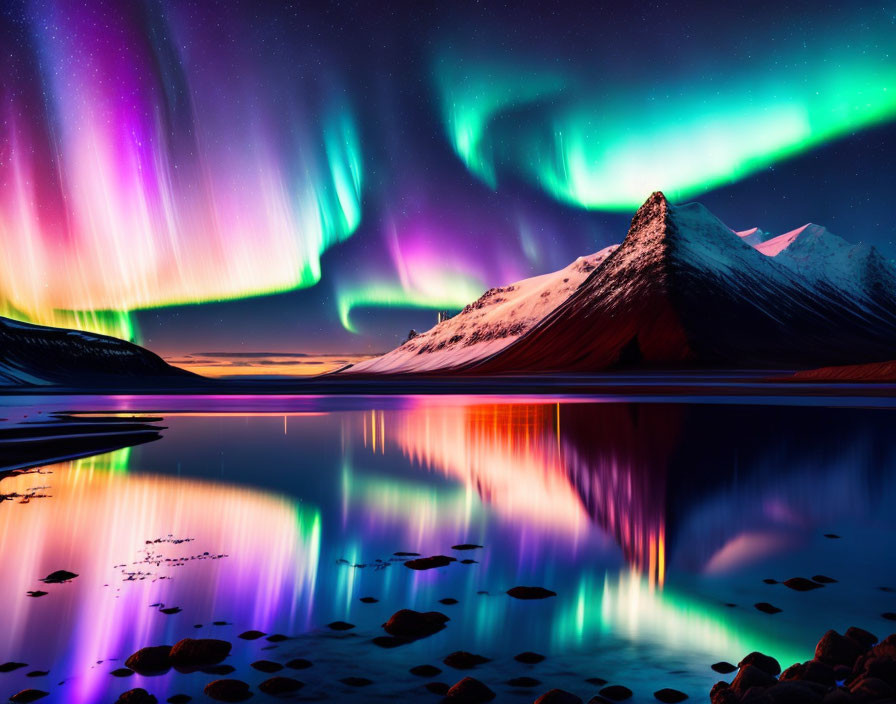 Colorful Aurora Borealis Over Snow-Capped Mountain & Serene Lake