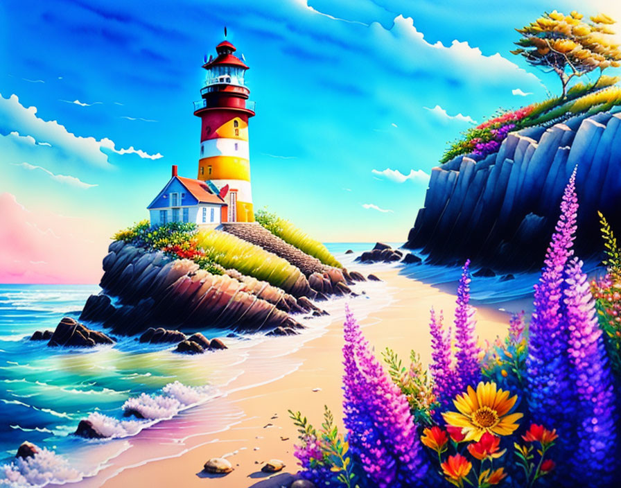 Colorful Coastal Scene: Lighthouse on Rocky Cliff, Lush Flora, Blue Sea