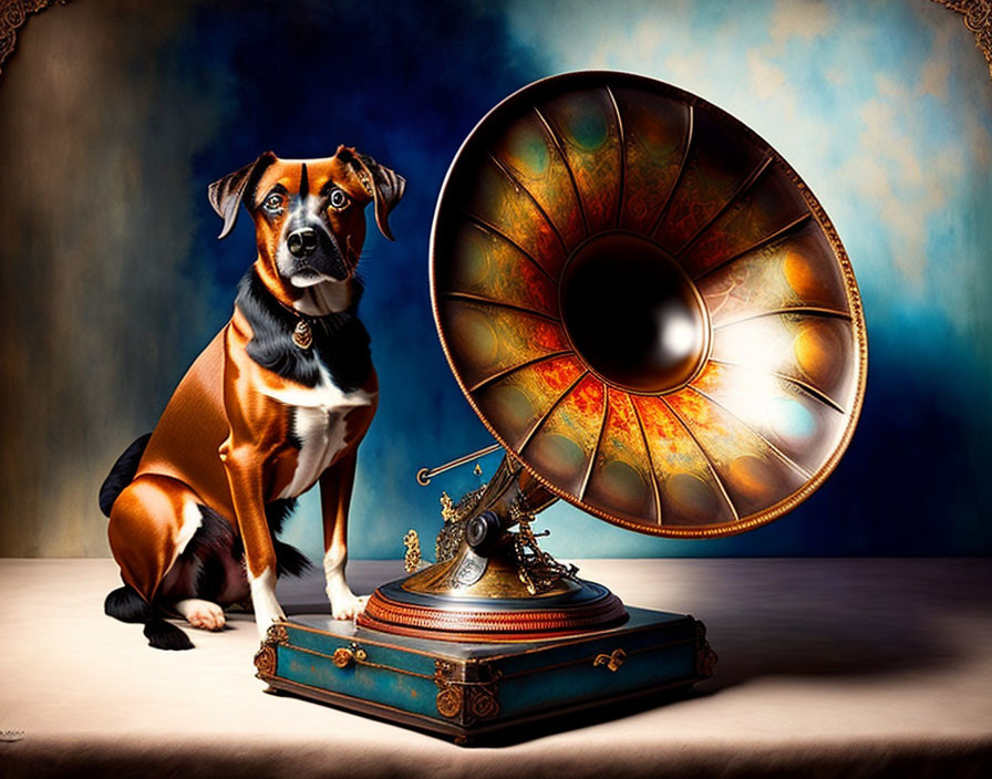 Brown and white dog with vintage gramophone on textured blue backdrop