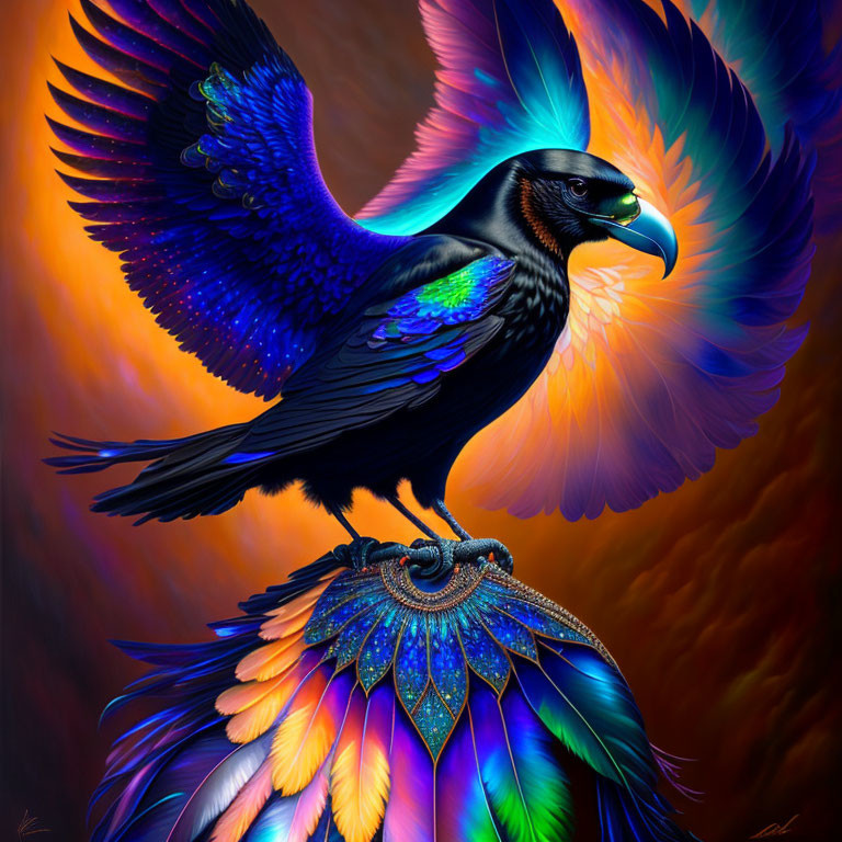 Colorful digital artwork: Raven with iridescent feathers on ornate sphere