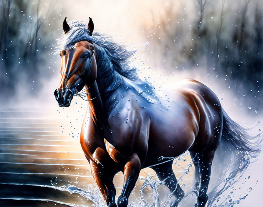 Brown horse galloping in water with snowy forest background