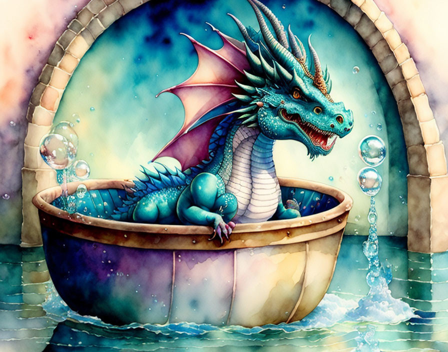 Blue Dragon in Wooden Bathtub Surrounded by Bubbles on Starry Background