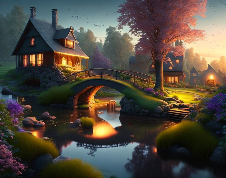 Tranquil pond with cottage, stone bridge, and vibrant flora at twilight