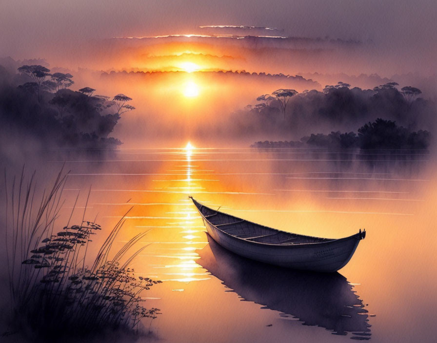 Tranquil sunrise scene over calm lake with boat and hazy horizon