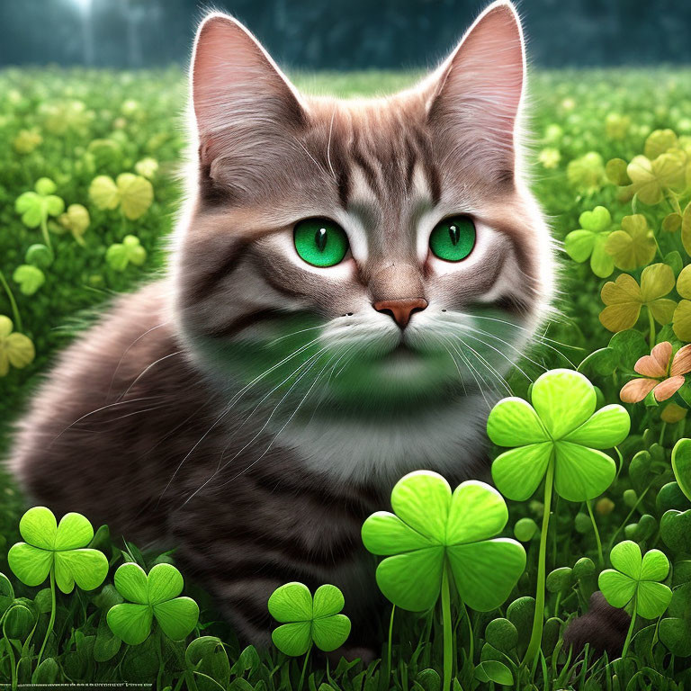 Realistic Striped Cat with Green Eyes in Clover Field