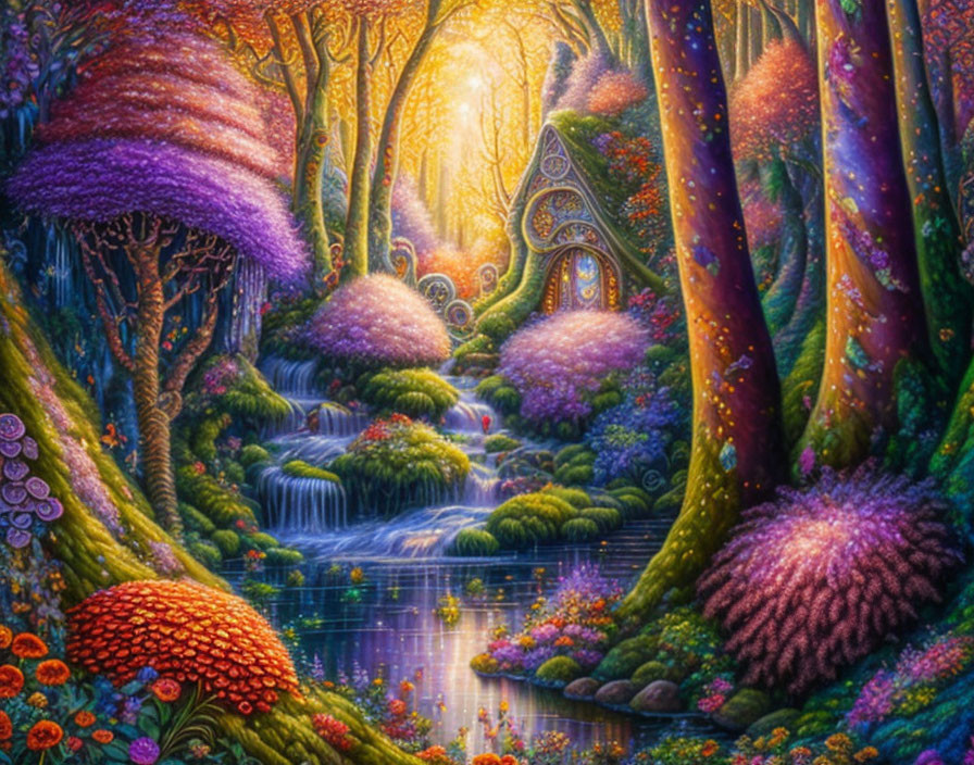 Vibrant fantastical forest with purple trees, stream, waterfalls, colorful flora, whimsical