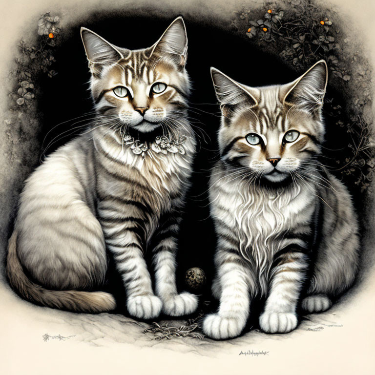 Illustrated tabby cats with intricate markings and bell collars sitting together