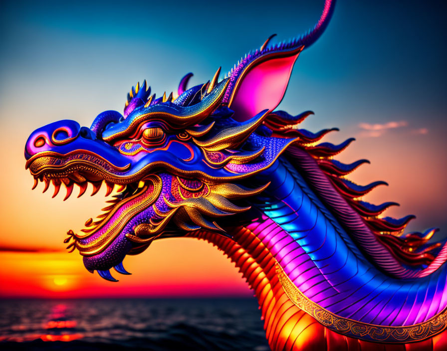 Colorful Dragon Sculpture Silhouetted at Sunset