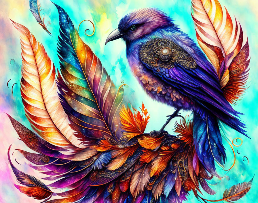 Colorful Stylized Bird Illustration with Elaborate Feathers