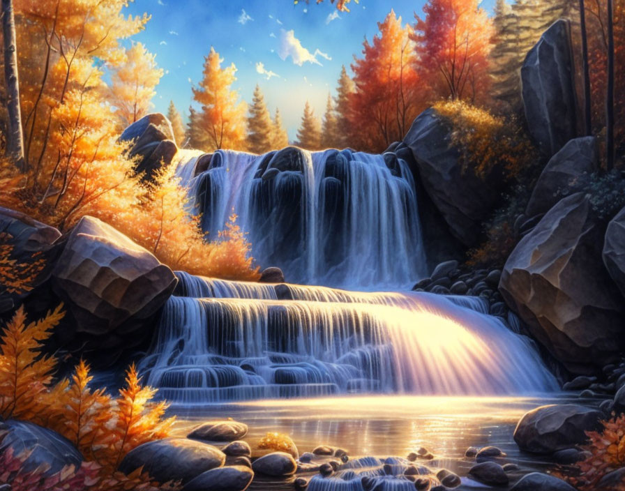 Tranquil waterfall in autumn forest with golden light