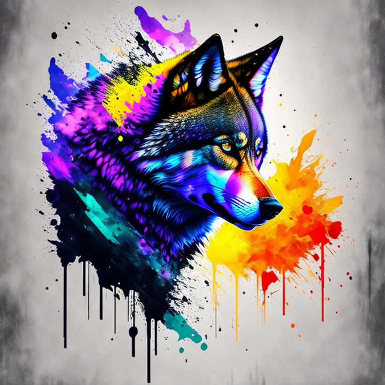 Colorful Ink Drip Wolf Art on Gray Background