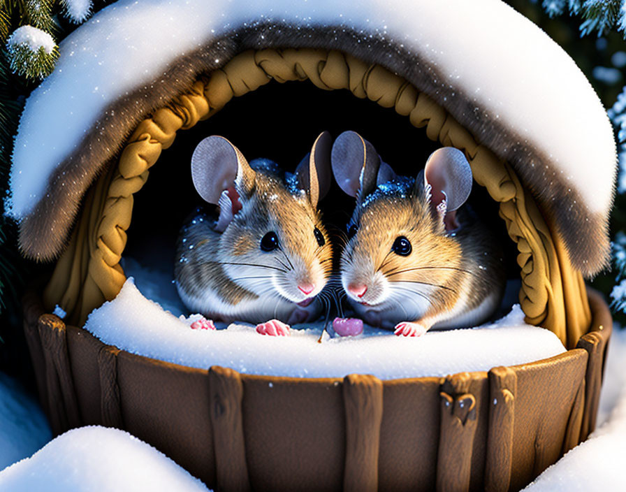 Adorable mice inside snow-covered birdhouse in winter landscape