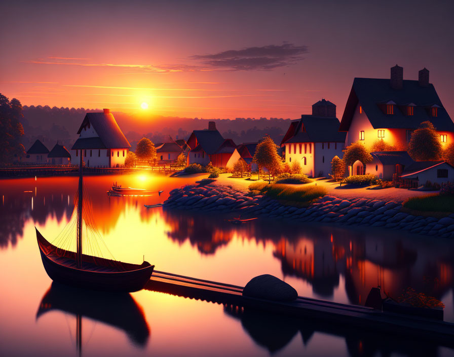 Scenic sunset over calm lake village with moored boat & glowing cottage lights