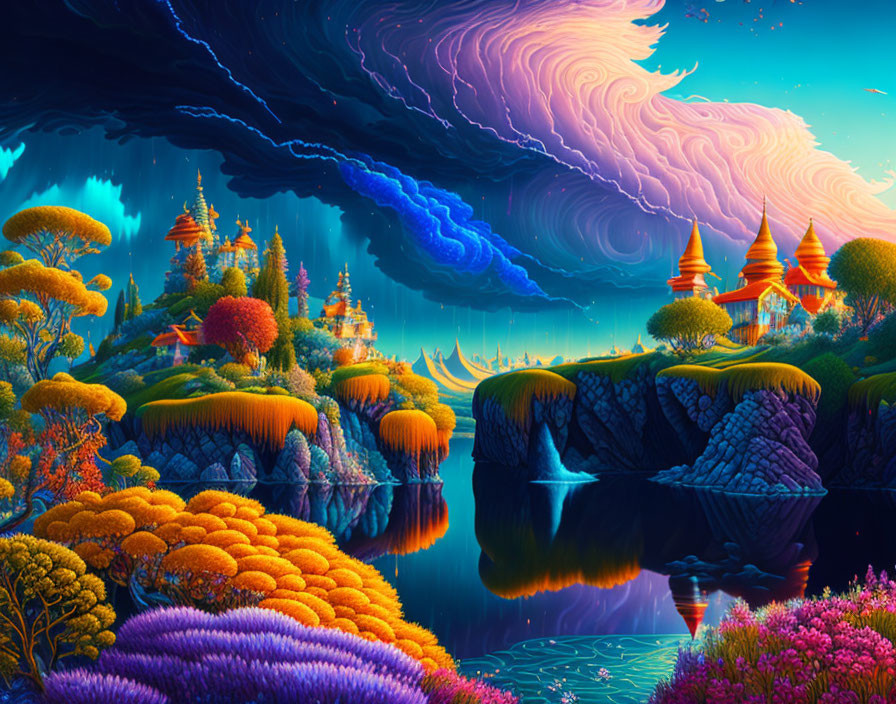 Colorful Fantasy Landscape with Pagodas, Calm Waters, and Swirly Sky