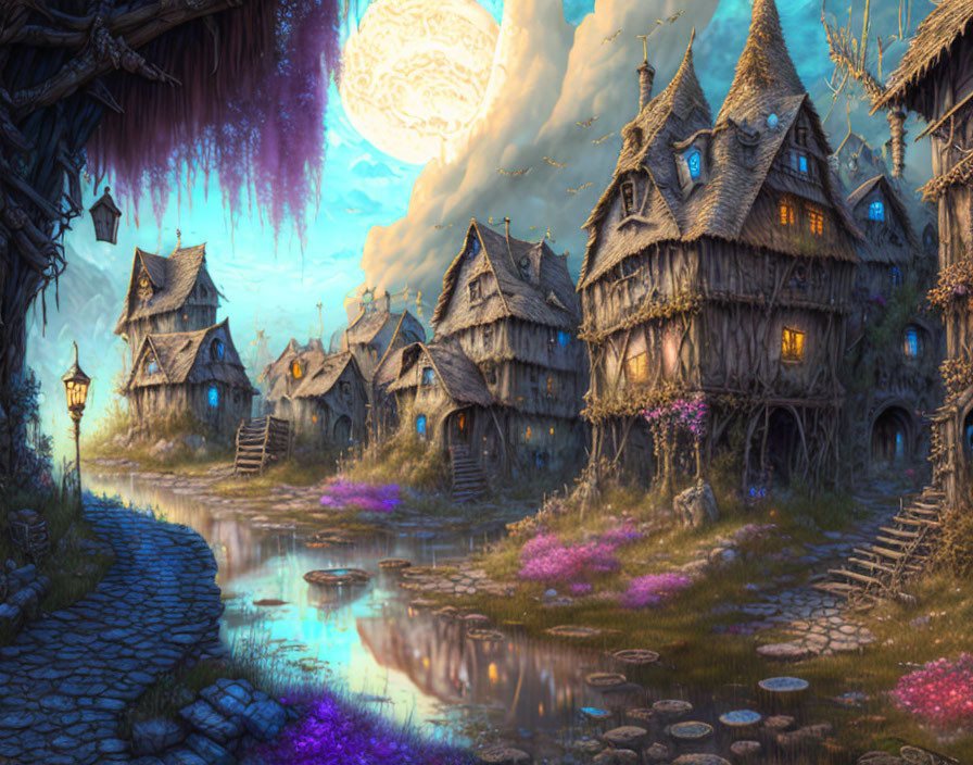 Enchanting fantasy village with thatched-roof cottages and full moon.