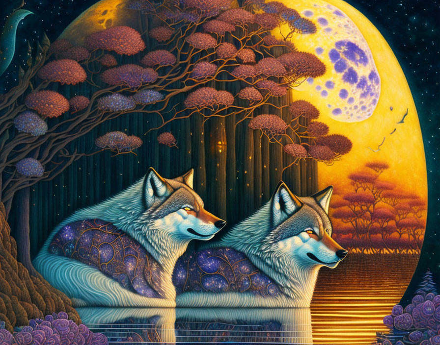 Stylized wolves with decorative patterns under yellow moon and starry sky