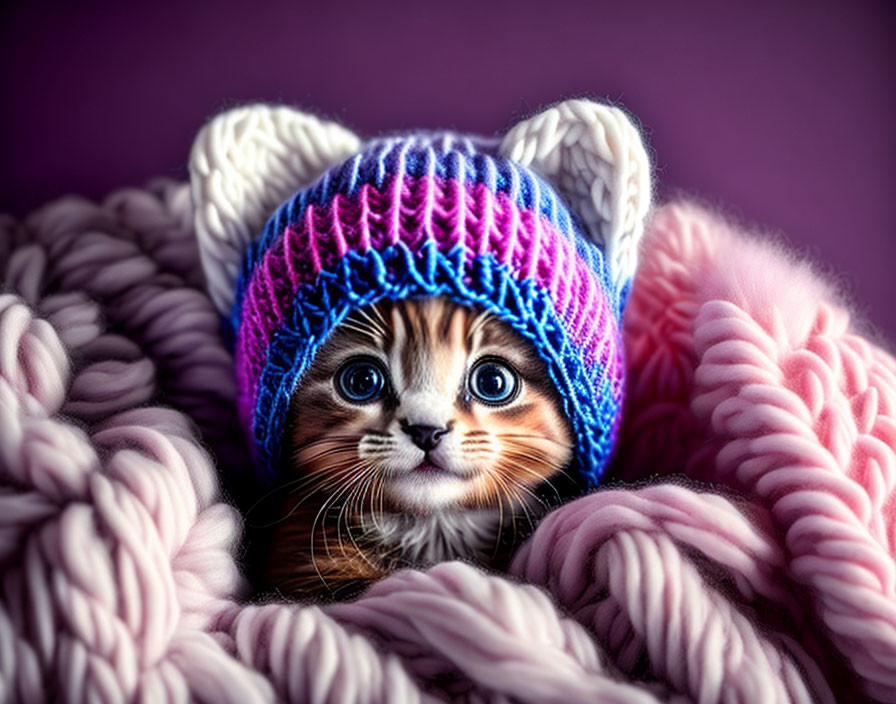 Adorable kitten with striking eyes in cozy knitted hat surrounded by pink yarn