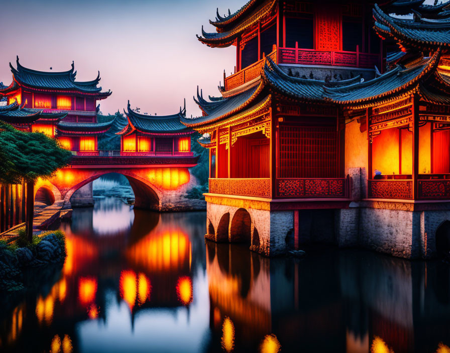 Traditional Chinese Architecture with Red Lanterns at Sunset by River