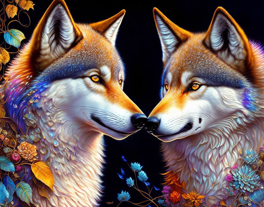 Vibrantly colored foxes in detailed floral setting