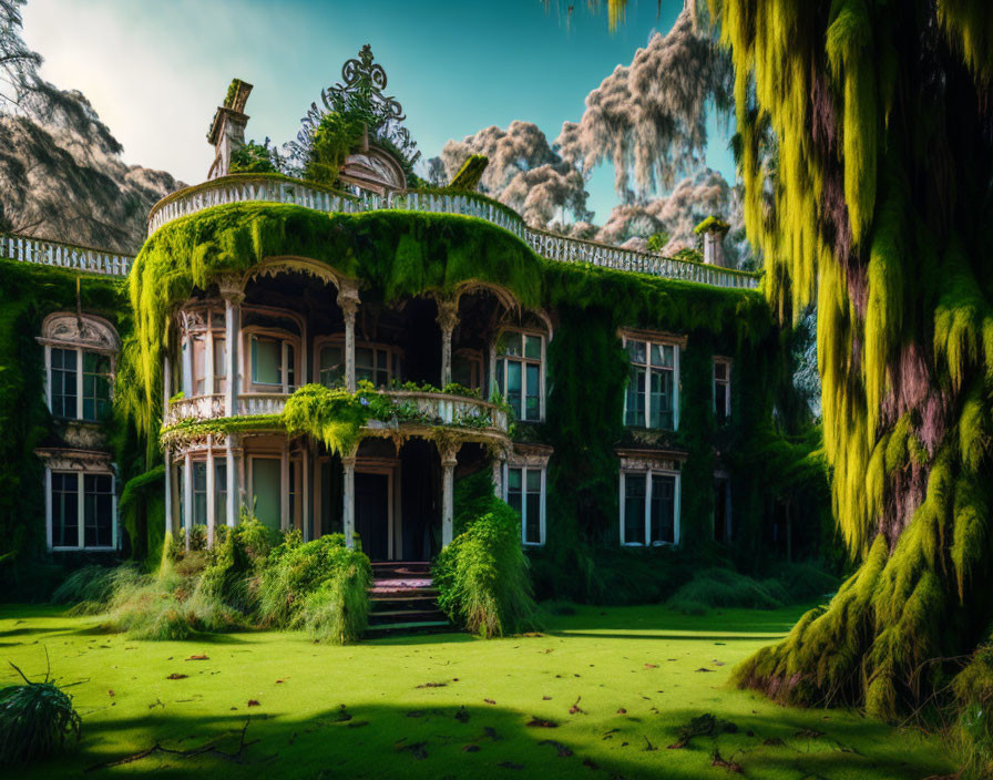 Abandoned mansion with green vines and moss under dramatic sky