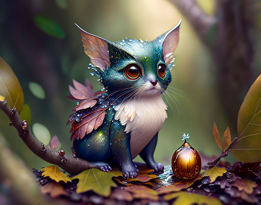 Digital artwork: Mythical cat creature with leaf wings and sparkling fur surrounded by leaves and berries